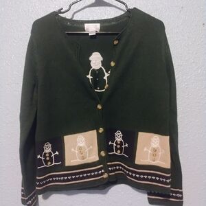 Christopher & Banks Festive Snowman Cardigan in Dark Green‎
